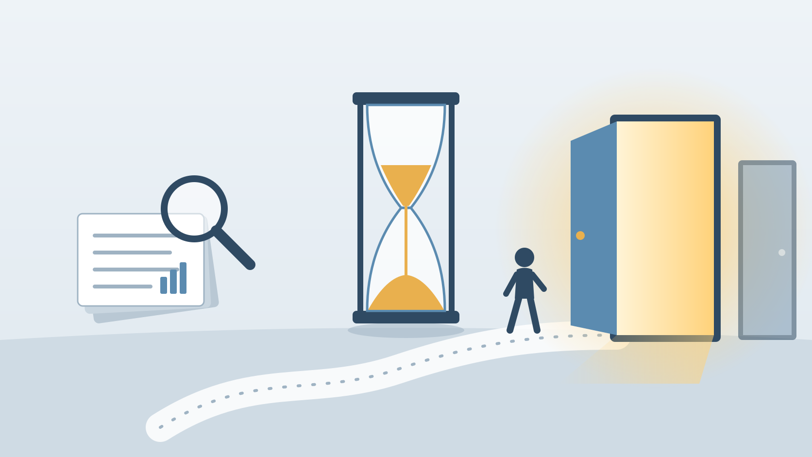 Symbolbild: Links Dokumente mit Lupe für die Analyse, in der Mitte eine Sanduhr, rechts eine offene, hell erleuchtete Tür, auf die eine Person über einen Weg zugeht; daneben eine geschlossene Tür.